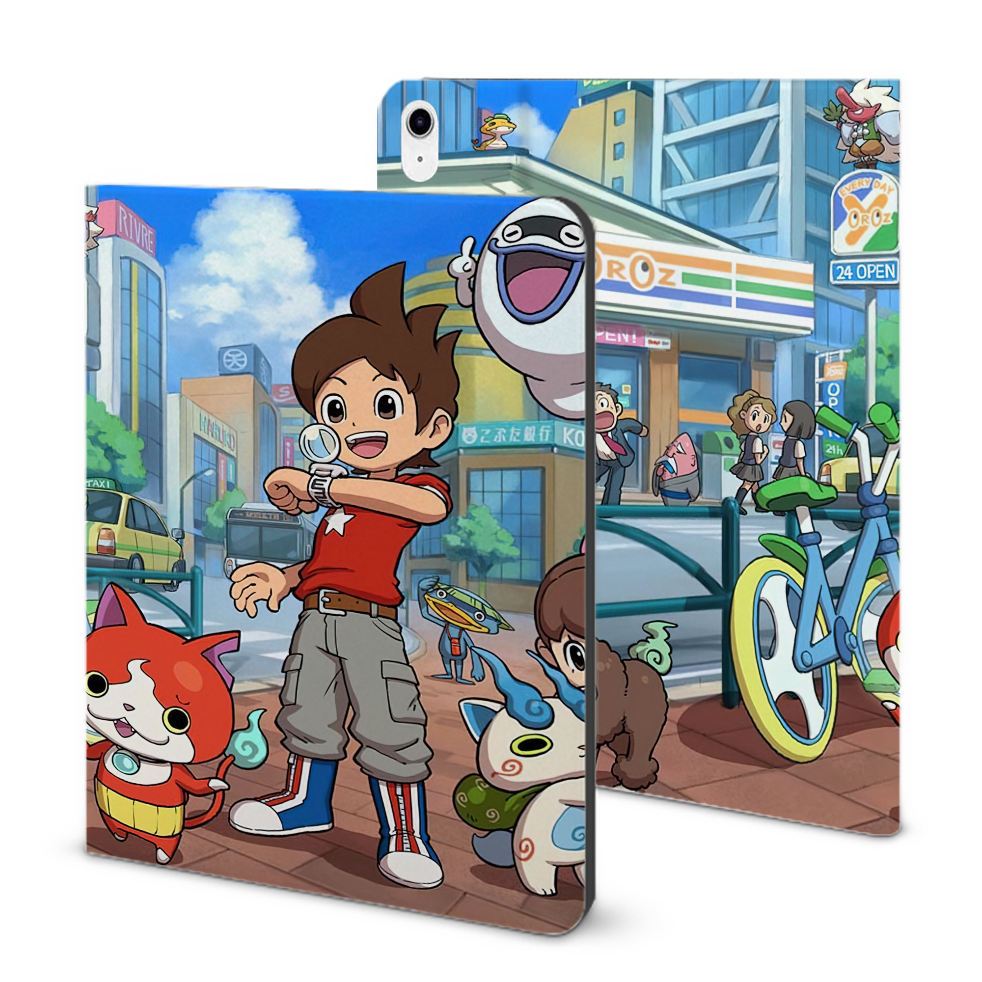 （画像用） 妖怪ウォッチ Yo-kai Watch IPad ケース ブック型 PUレザー TPU 耐衝撃 軽量 薄型 ペン収納なし 全面保護 IPad 各モデル対応